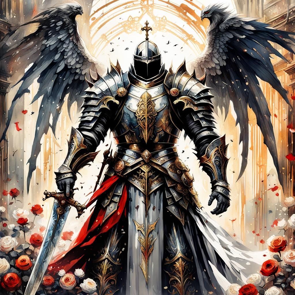 Gothic Knight with Angel Wings Watercolor