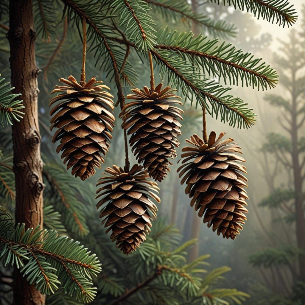 Surreal Pine Tree with Suspended Pinecones in Earthy Realism...