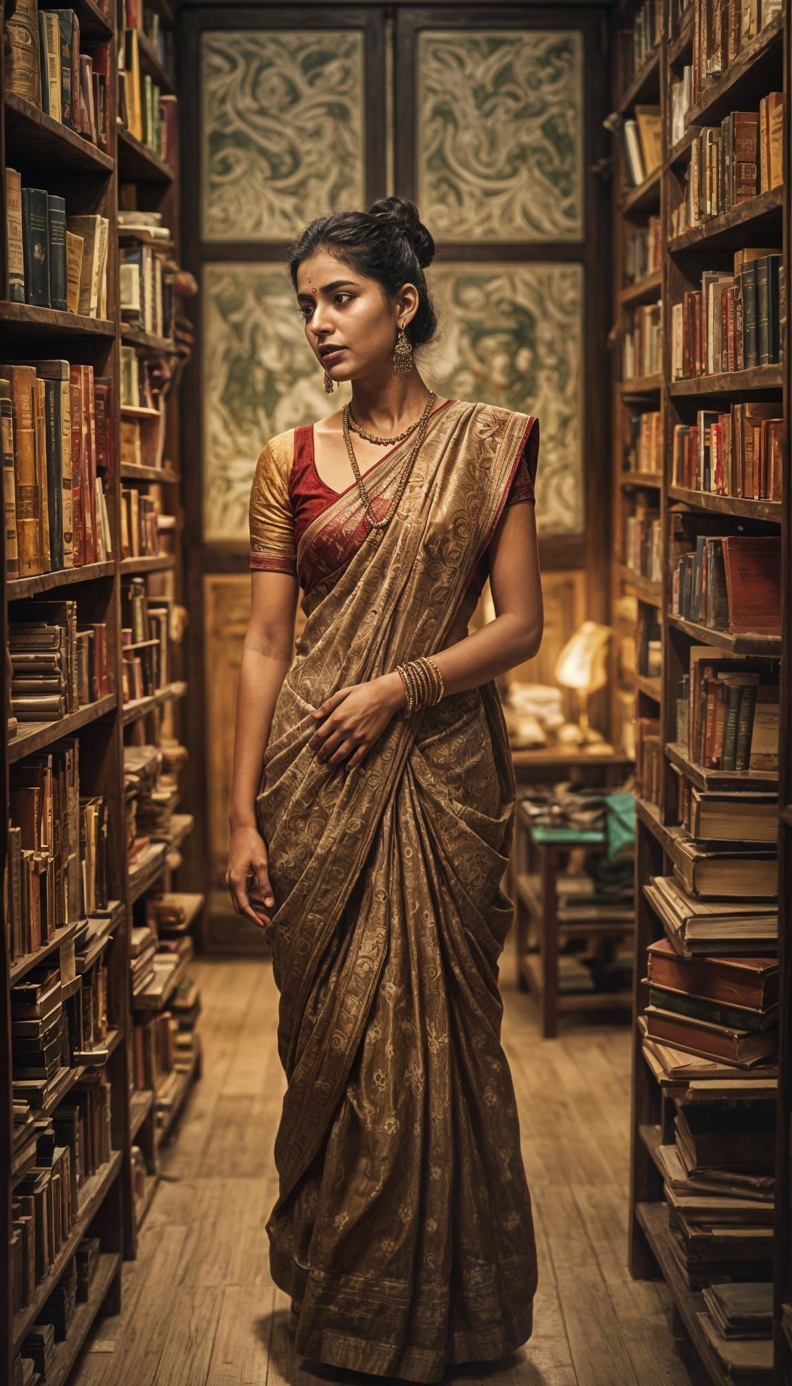 Elegant Woman Reads in a Cozy Library Setting
