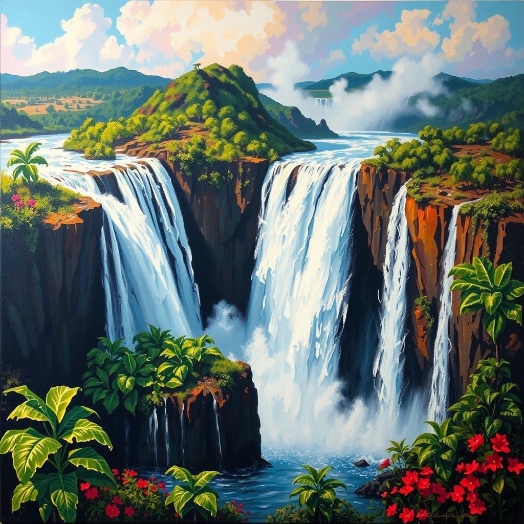 Tropical Waterfall in Expressive Brushstrokes