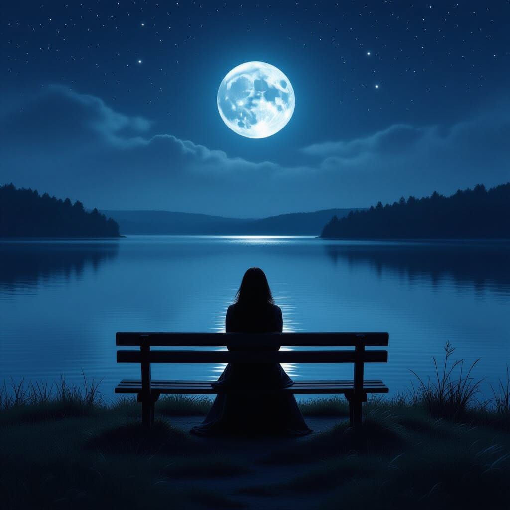 Solitary Woman Gazing at Moonlit Lake Reflection