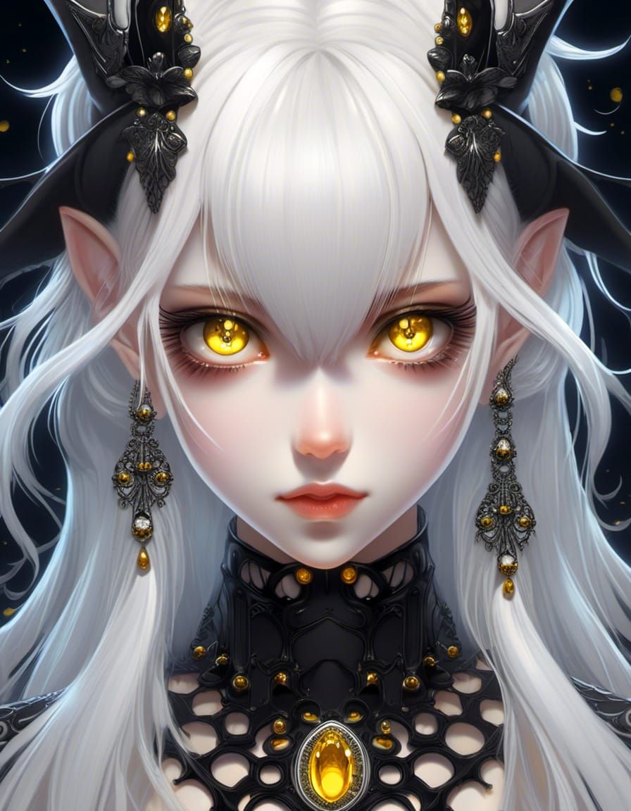 Cute Goth Girl, <Black with White Hair>, Yellow Eyes, White and Black Clothes, by artist "MAPPA", Half Portrait, Anime, ...