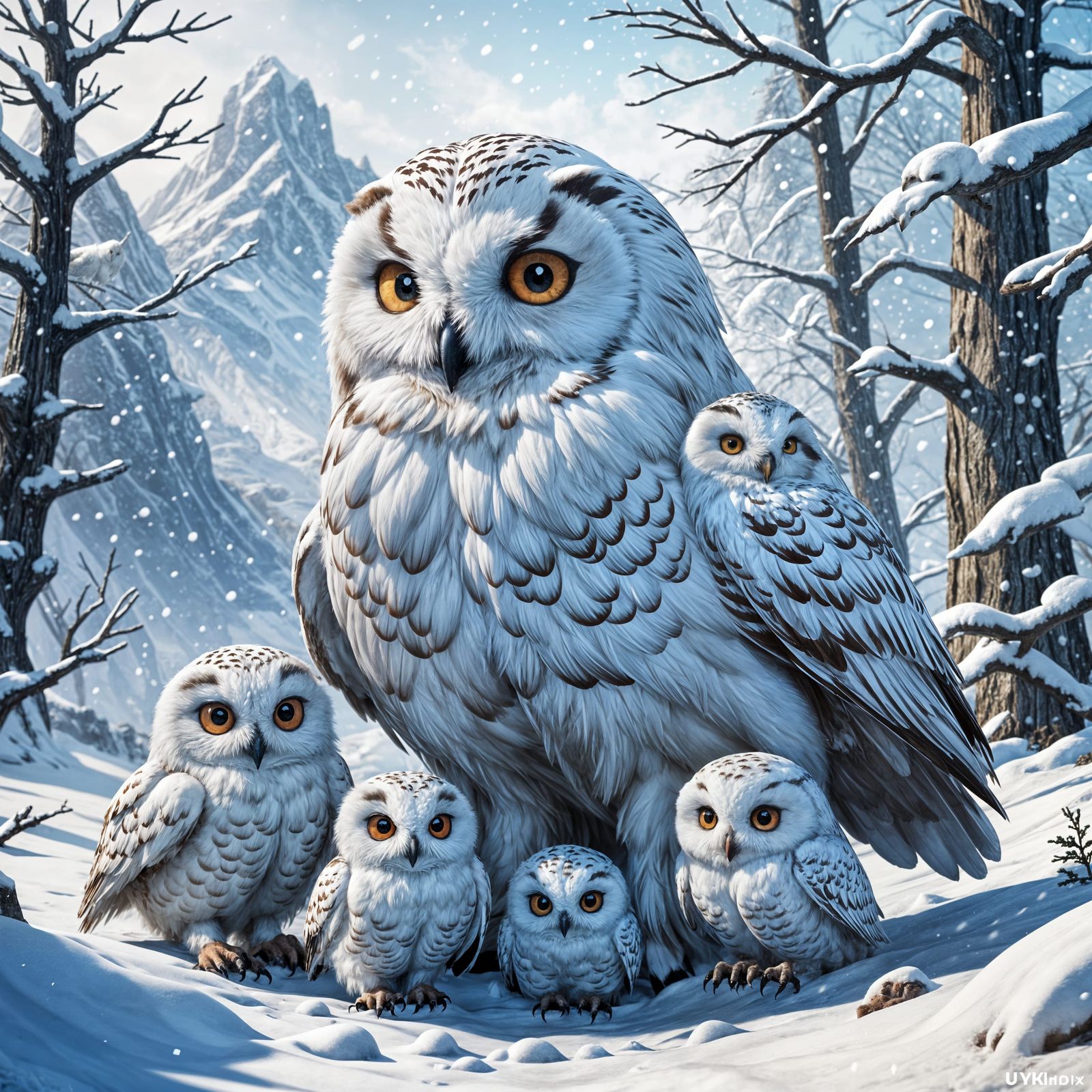 Snowy Owl Mama Hugs Her Little Ones in a Frozen Wonderland