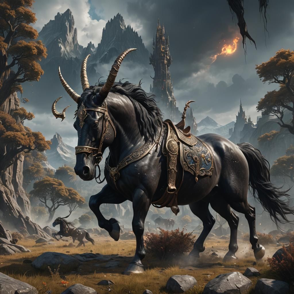 Majestic Three-Horned Horse in Detailed Fantasy Art