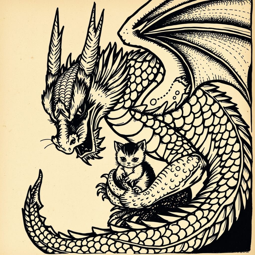 Dragon with Kitten in Whimsical Woodcut Style