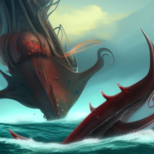 Giant Squid Attacks Boat: Detailed Matte Painting