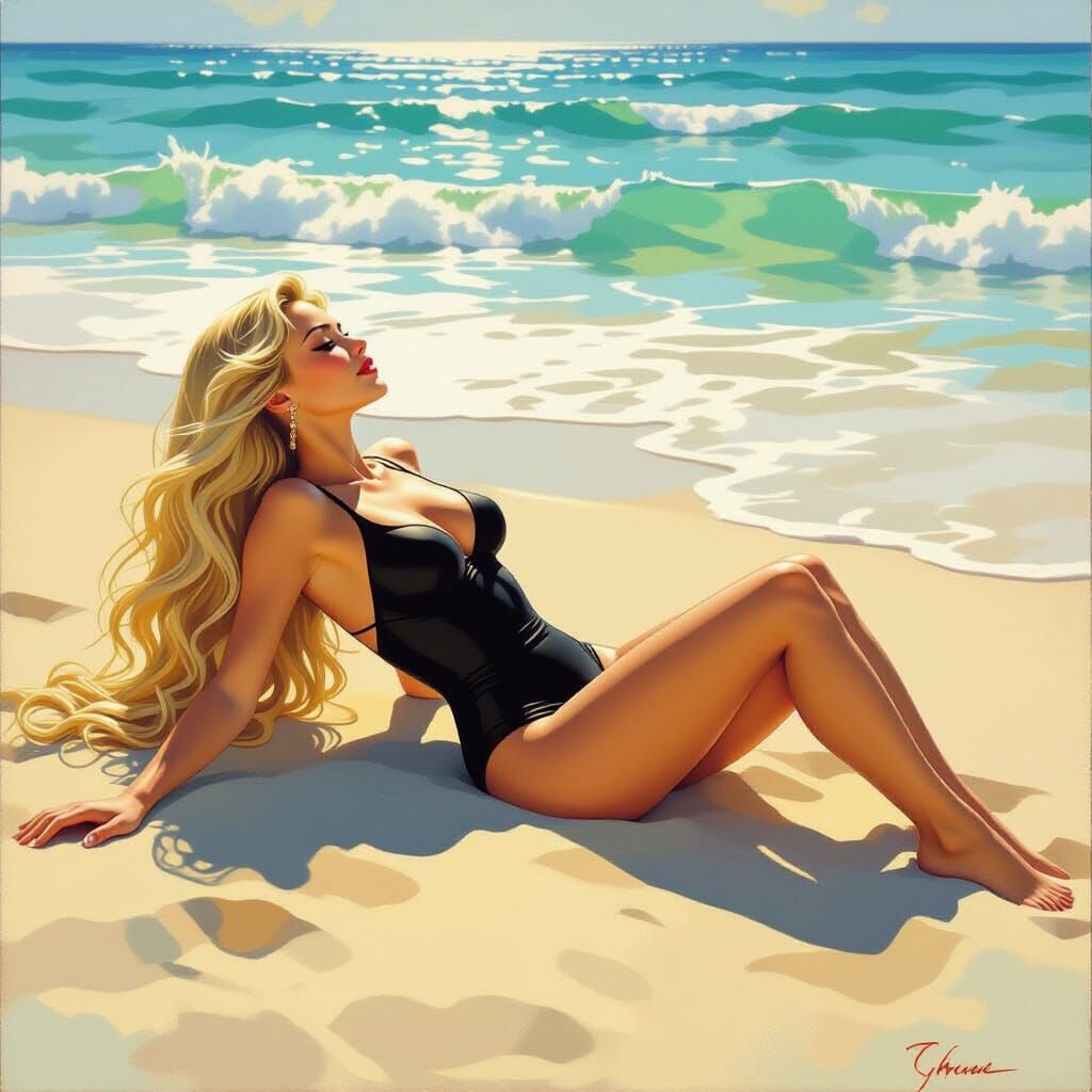 Beach Serenity in Art Nouveau Style
