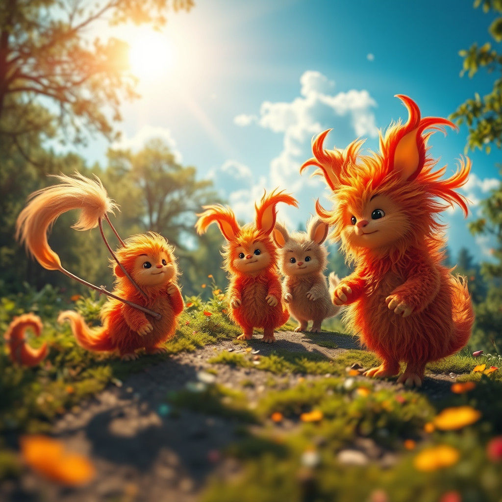 Magical Forest Scene with Colorful Fluffy Creatures