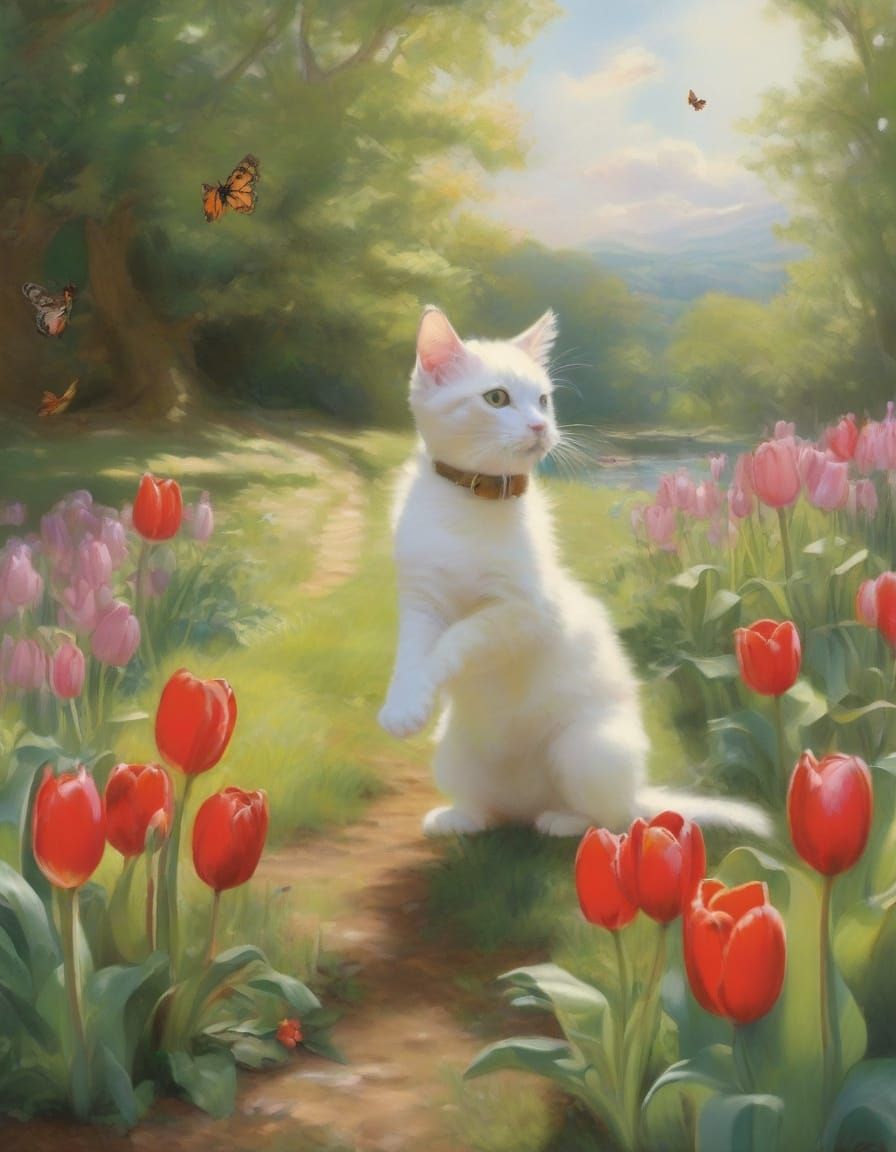 Idyllic Whimsical Spring Scene with Playful Kitten