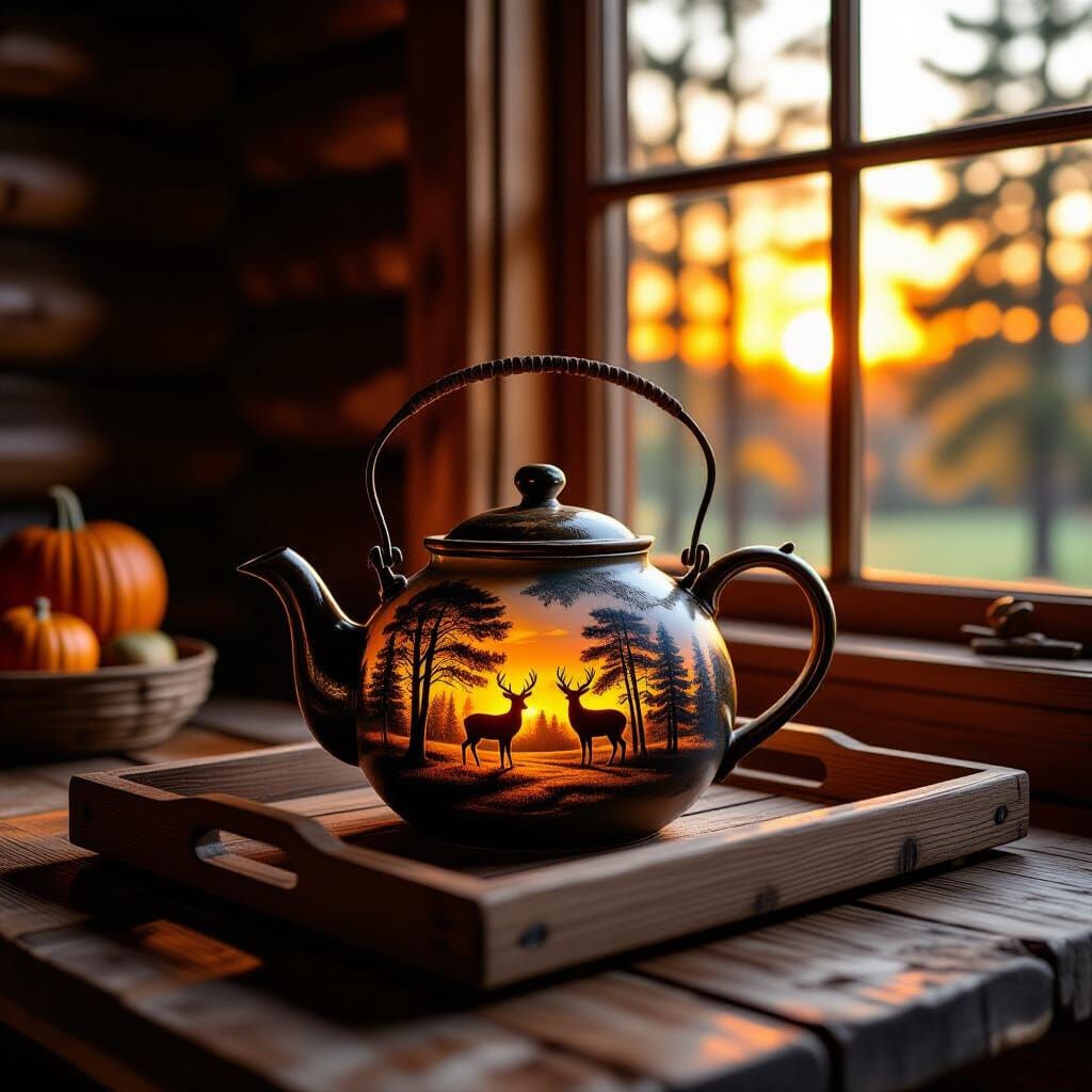 Rustic Teapot with Woodland Scene in Oil Painting Style