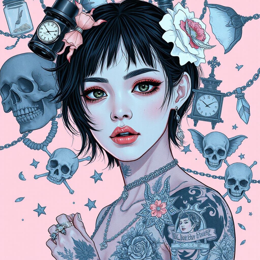 Pastel Goth Woman with Gothic Tattoos in Surreal Scene