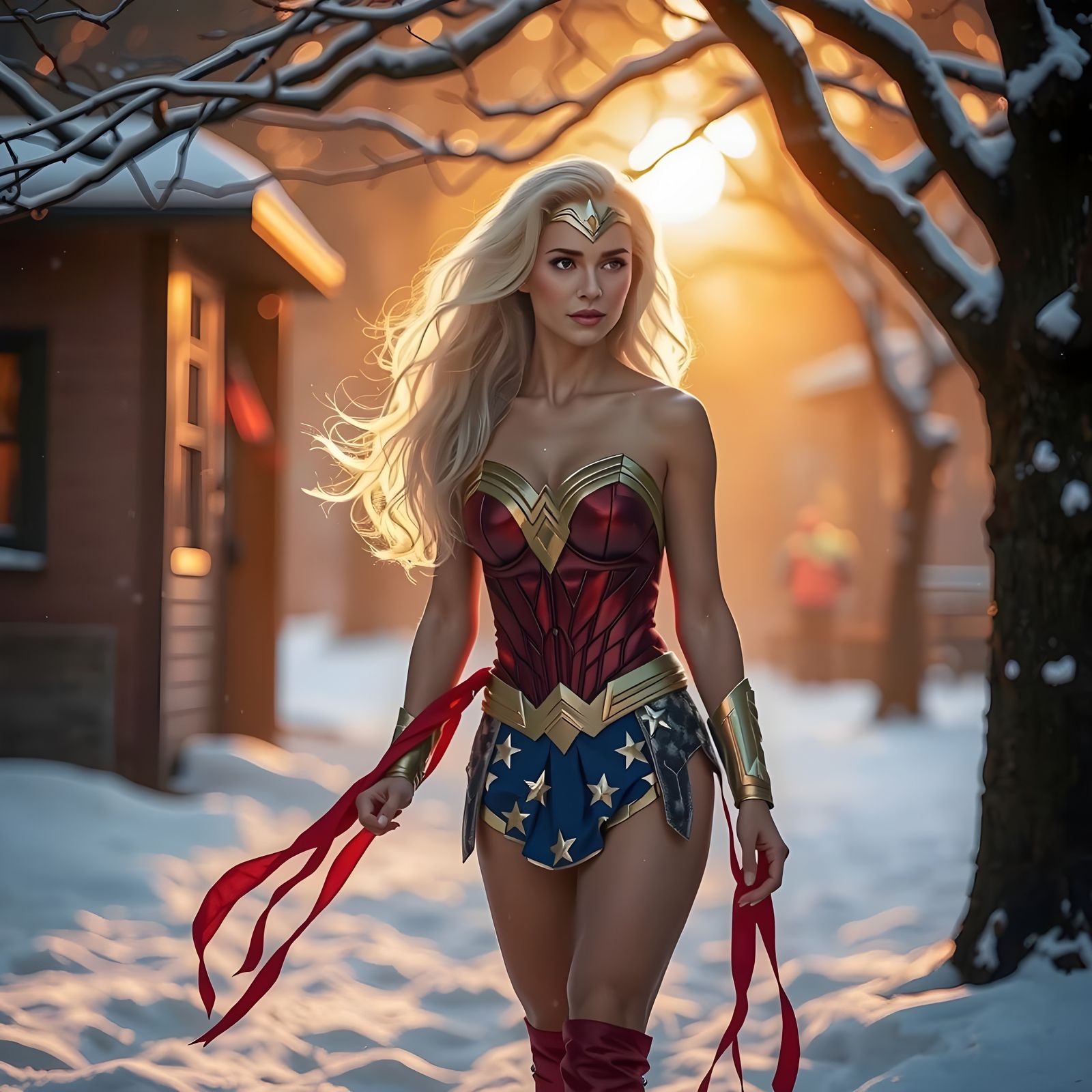 Wonder Woman in Enchanting Winter Wonderland Cinematic Scene