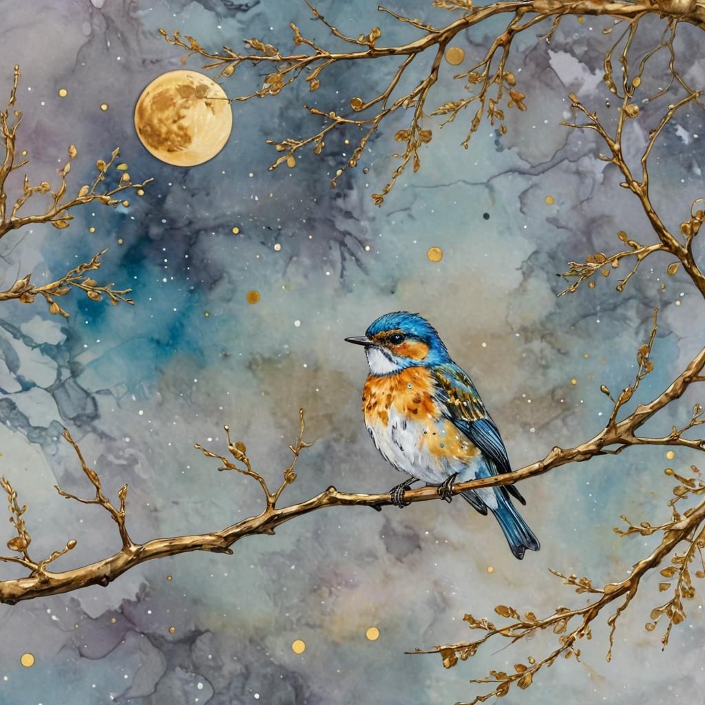 Bird on Branch with Moon in Alcohol-Ink Style