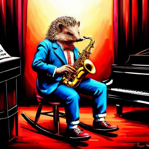 Hedgehog Rocker Playing Saxophone in 1950s Style