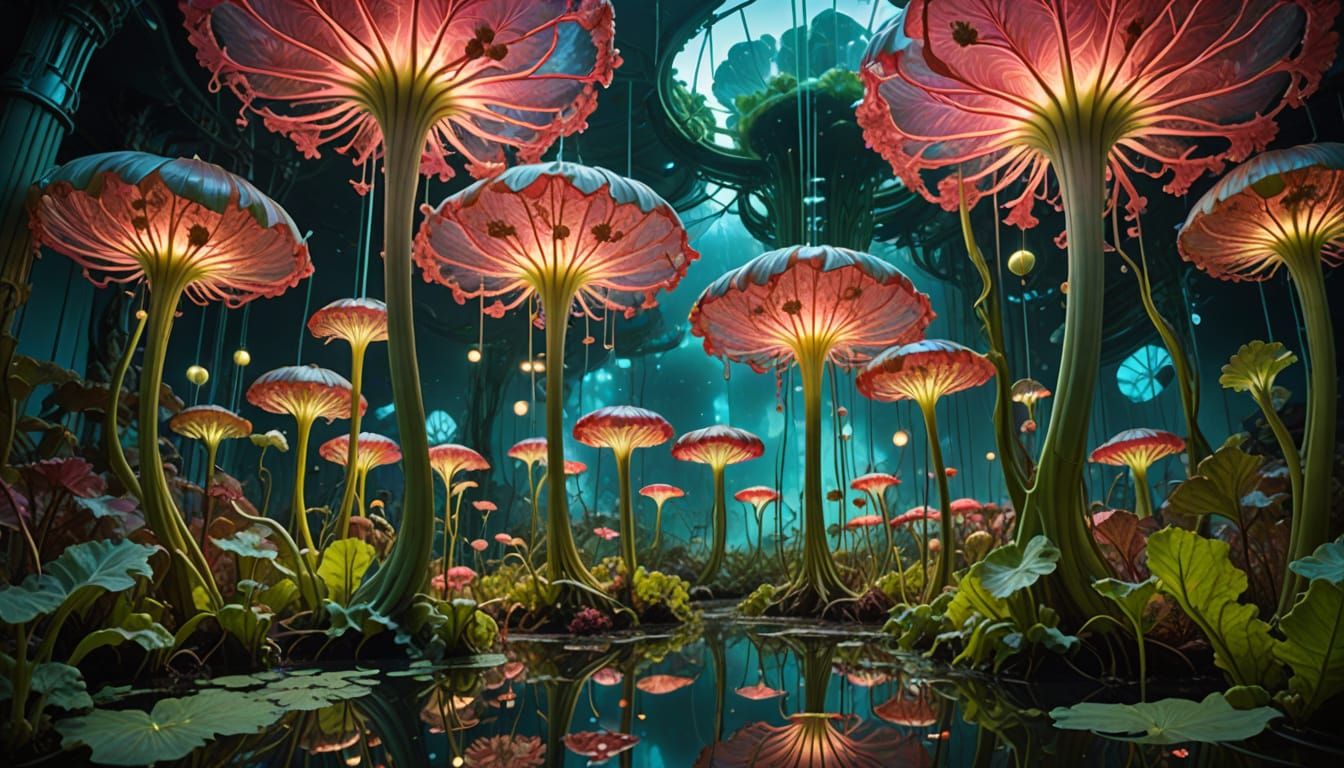 Art Nouveau Zero-Gravity Garden With Luminous Rhubarb