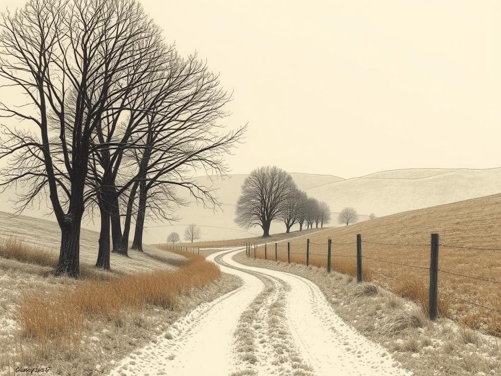 Winter Landscape Etching of Rolling Hills