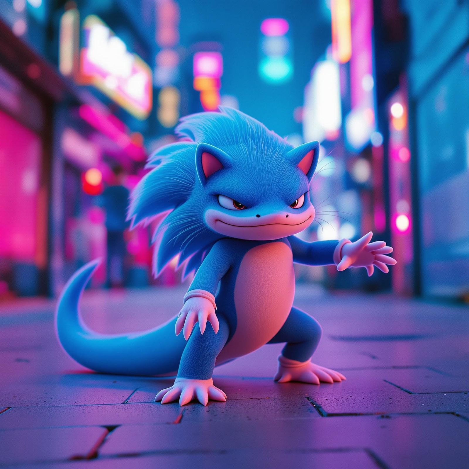 Retro Sonic Axolotl Against Neon Cityscape