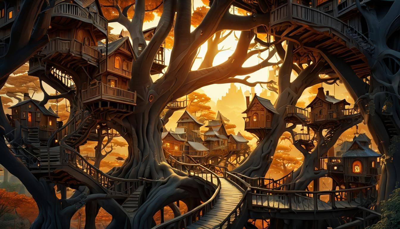 Escher-Inspired Treehouse Village: Digital Matte Painting