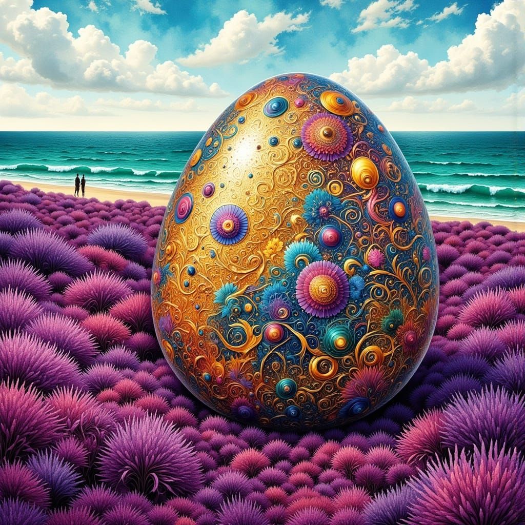 Ethereal Gold Egg in Dreamlike Landscape