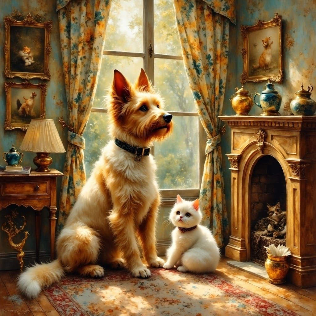 Dog and Cat Together in a Cozy Living Room