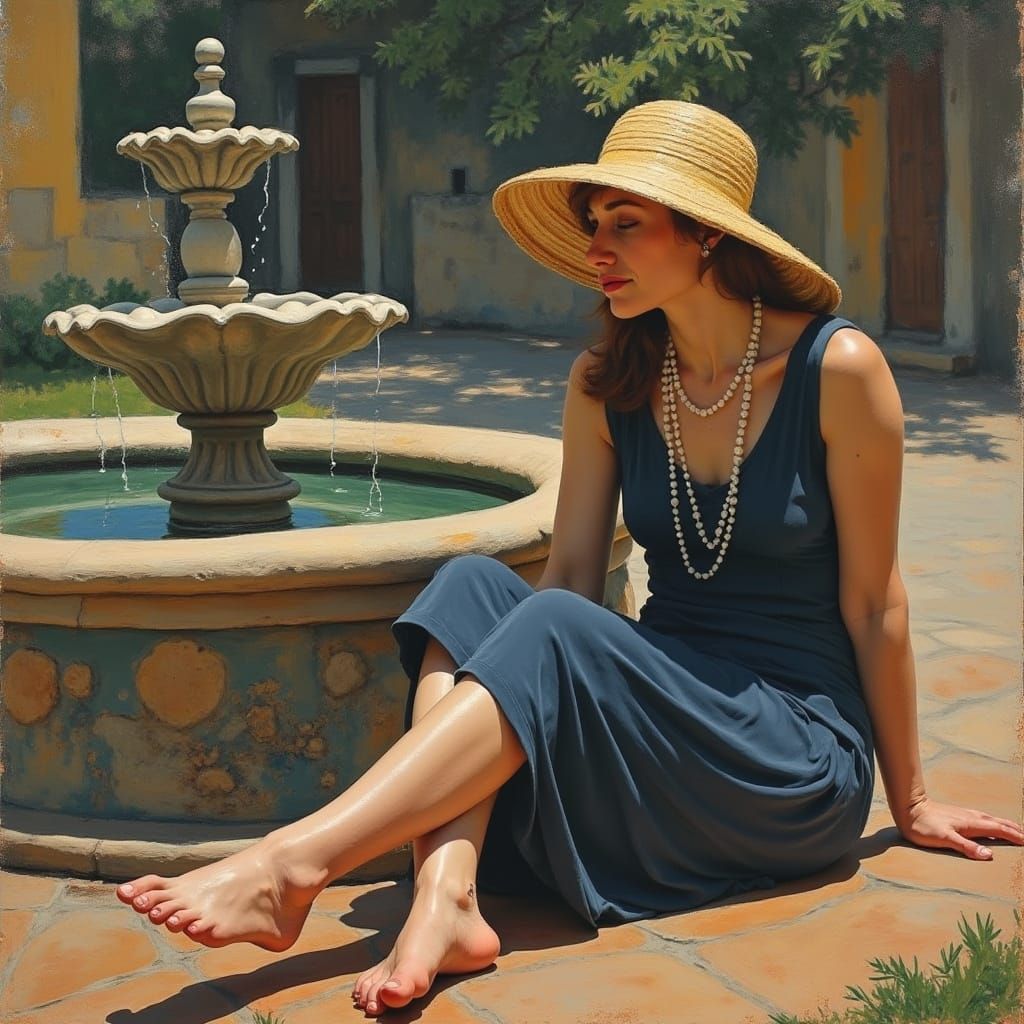 Woman in Fauvist Fountain Scene with Vibrant Colors