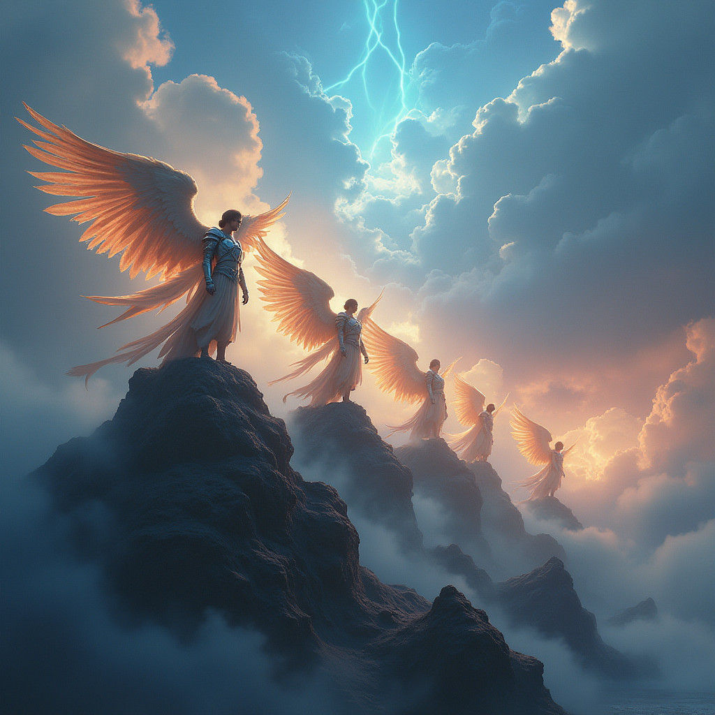 Angelic Armies Prepare for Battle on Mountain Peaks