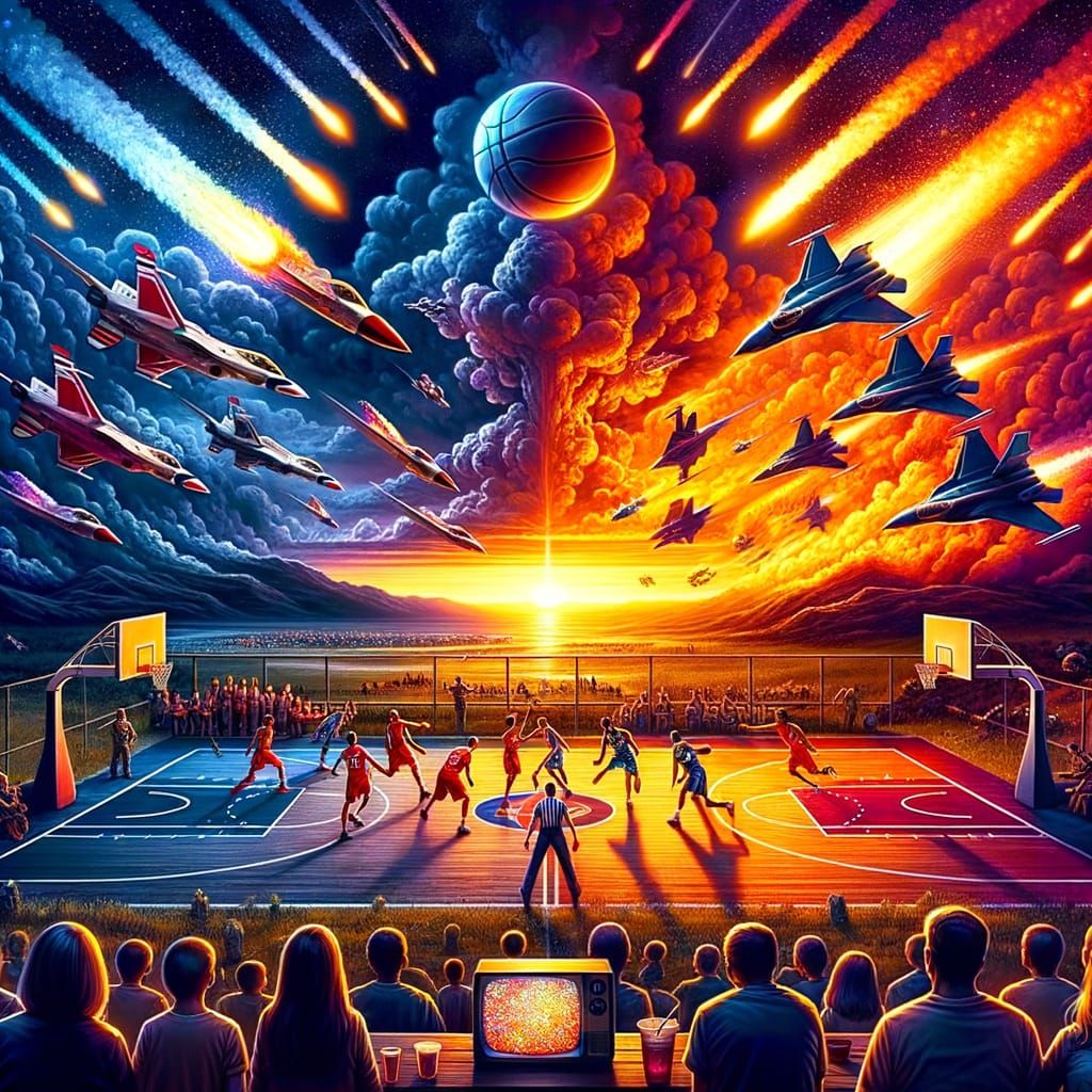 Basketball Championship Amidst Chaos: Hyperrealistic Art