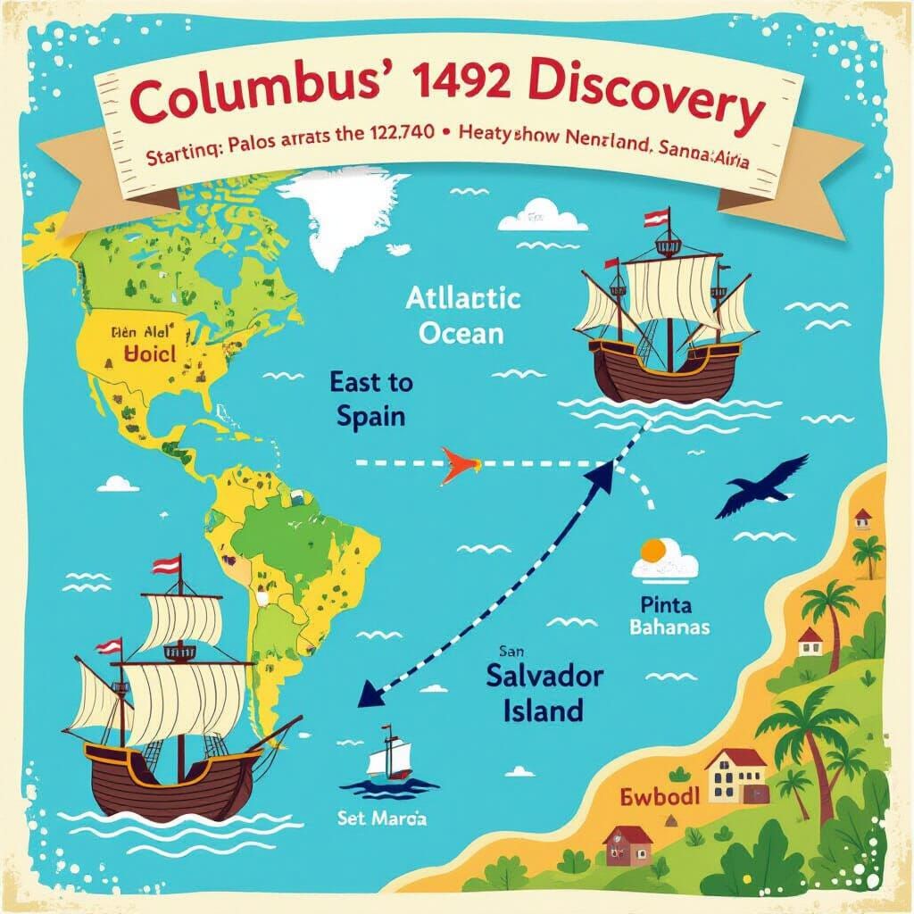 Columbus's 1492 Discovery Route Map in Colorful Children's S...
