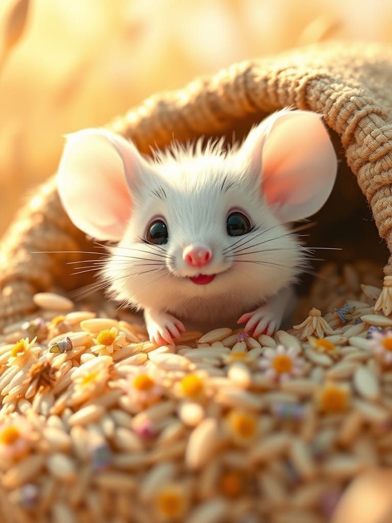 Whimsical Mouse Peeks from Rice Sack in Dreamy Watercolor St...