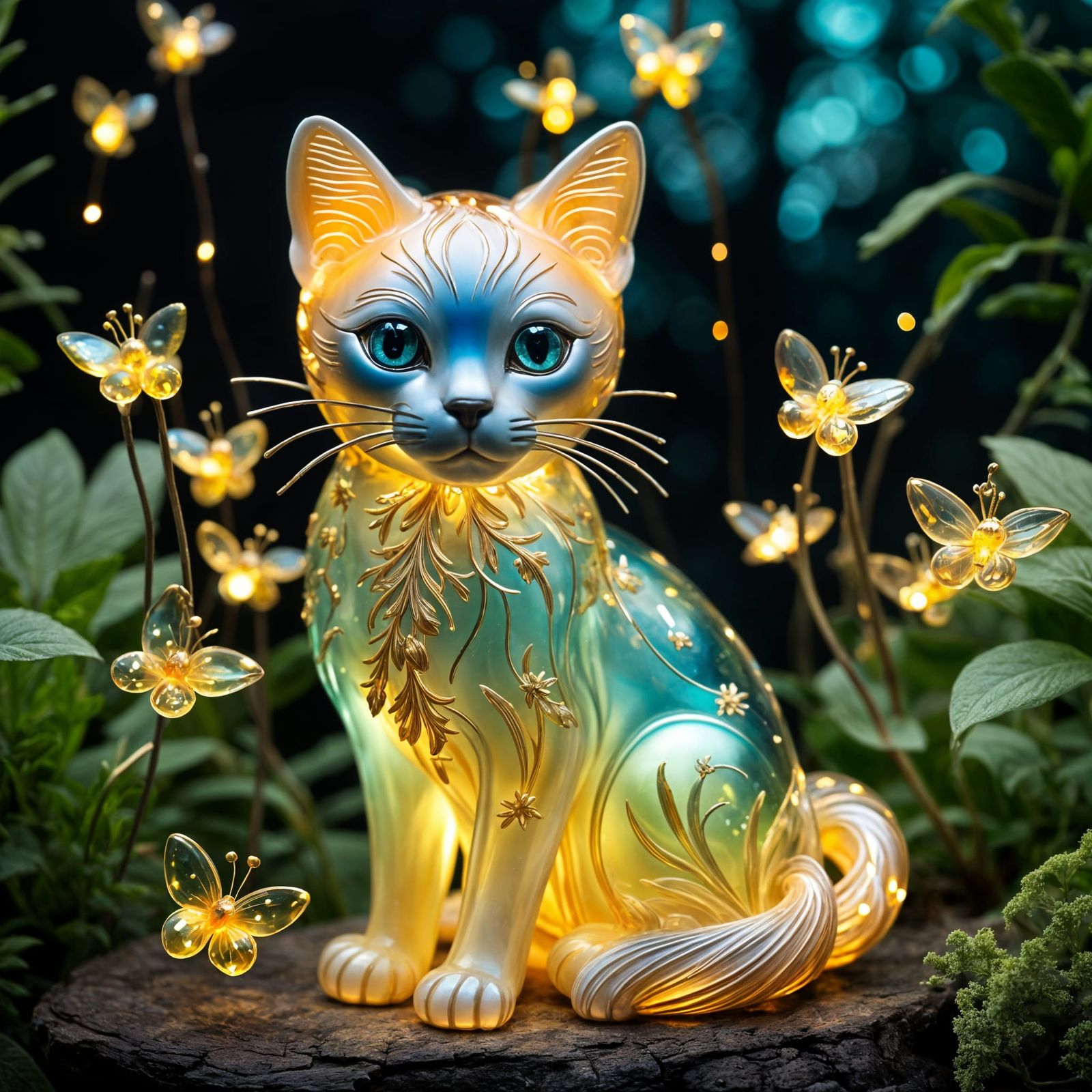 Delicate Glass Siamese Cat with Golden Accents