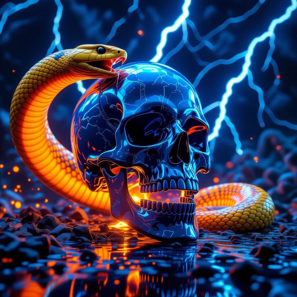 Glass Skull Under Attack by Anaconda in Cyberpunk Style
