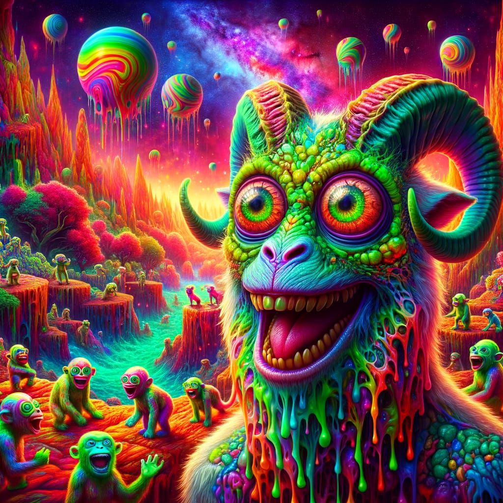 Psychedelic World With Melting Candy Apes and Cosmic Wax