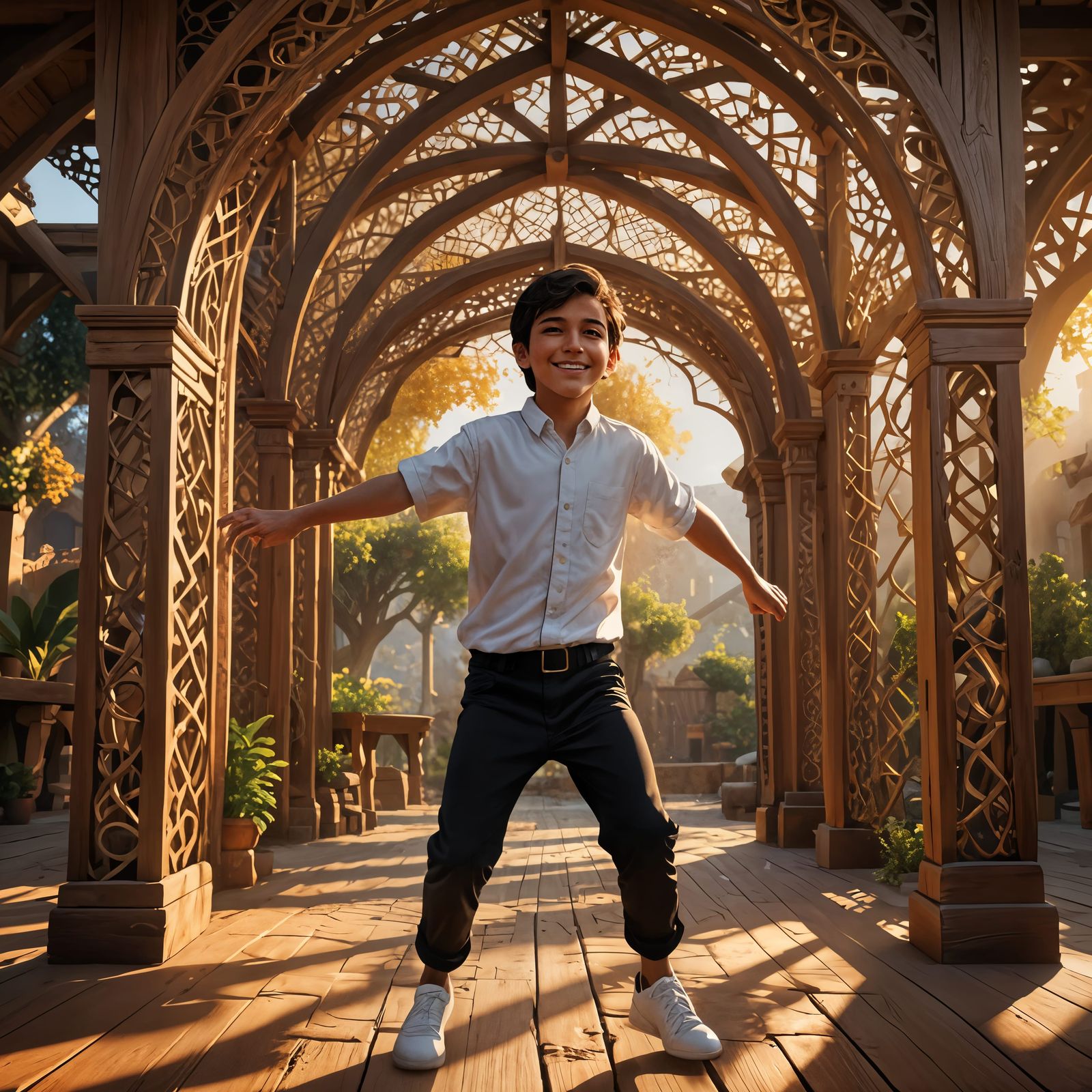 Boy Dancing in Wooden Shelter, Detailed Digital Painting