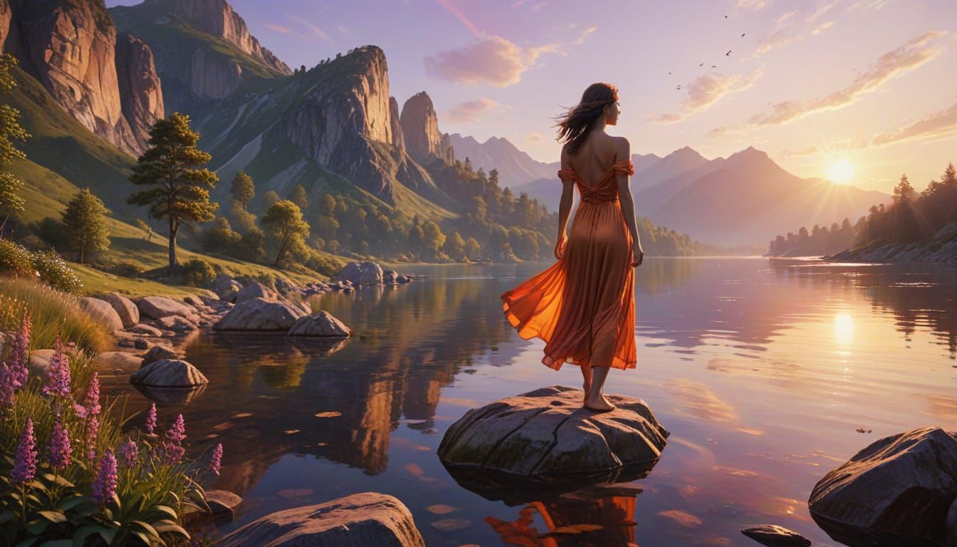 Painter at Lake in Oil Painting Style