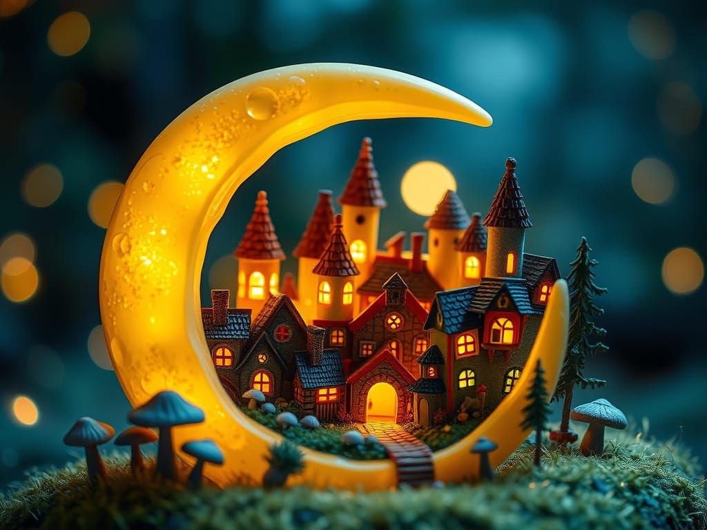 Whimsical Village in Crescent Moonlit Dreamscape