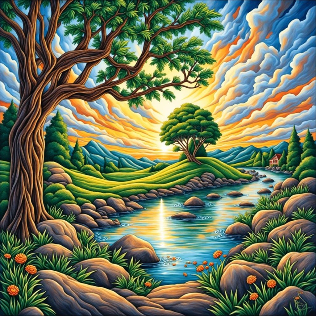 Stained Glass River Scene in Ornate Style