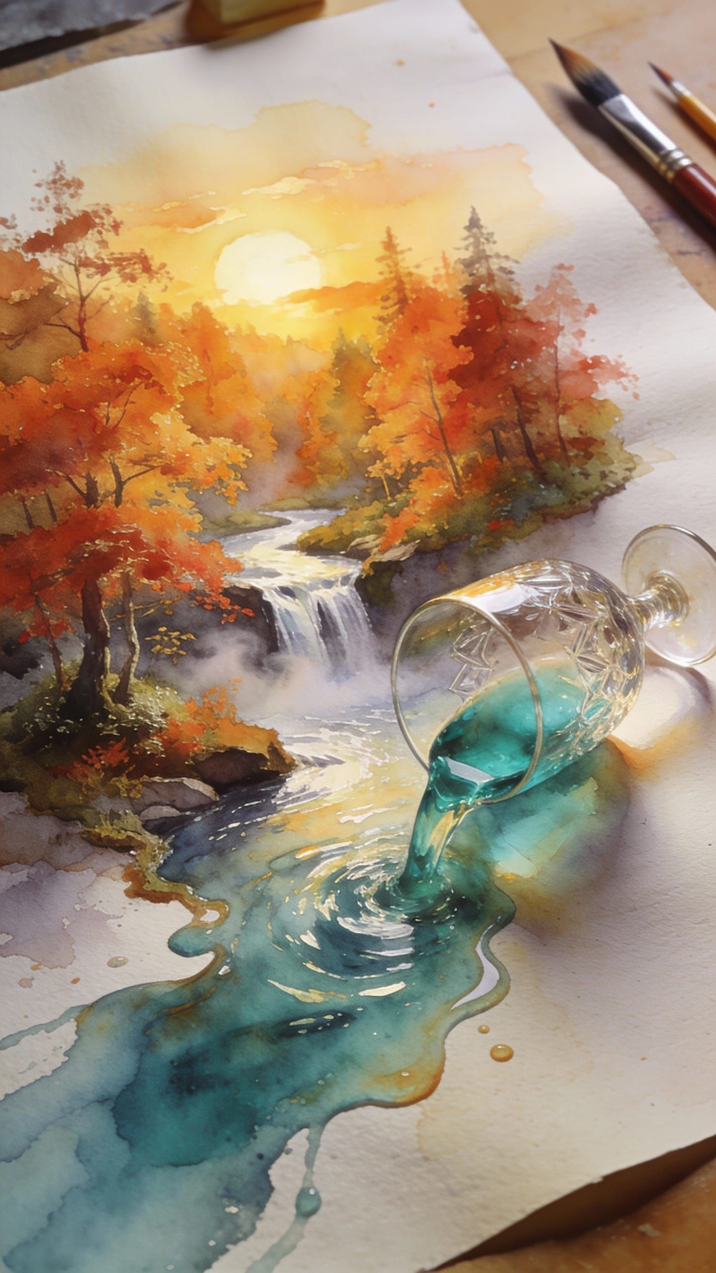 Magical Autumn Landscape Painting with Surreal Liquid Spill