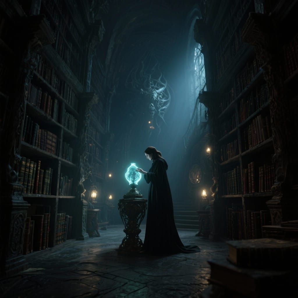 Ancient Library Illuminated by Arcane Orbs