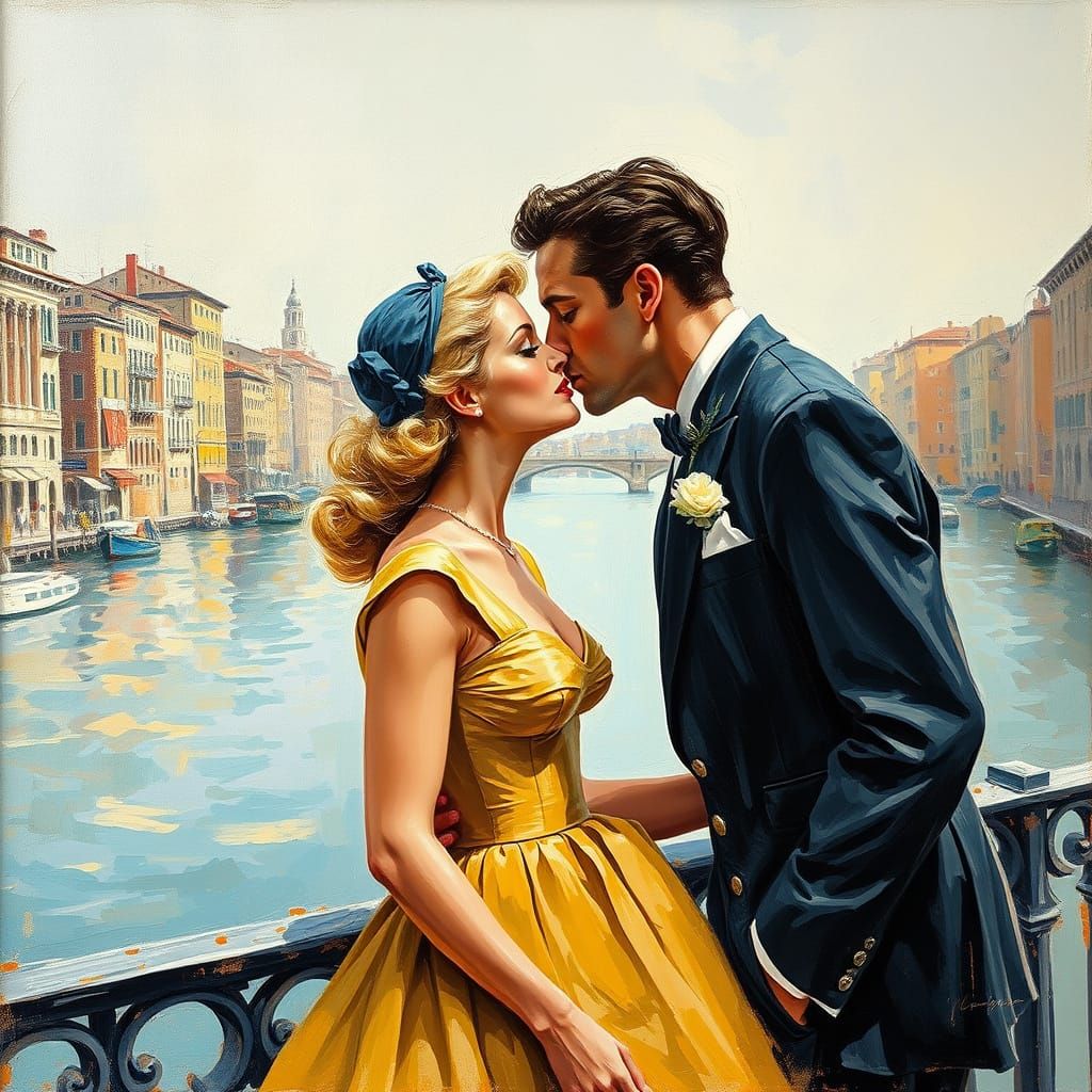 Romantic Kiss on Ponte Vecchio in Impressionistic Style