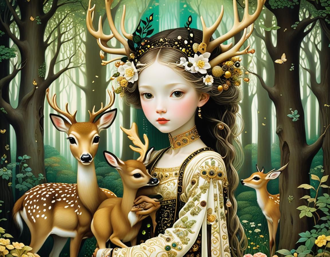Forest Princess and Deer in Art Nouveau Style