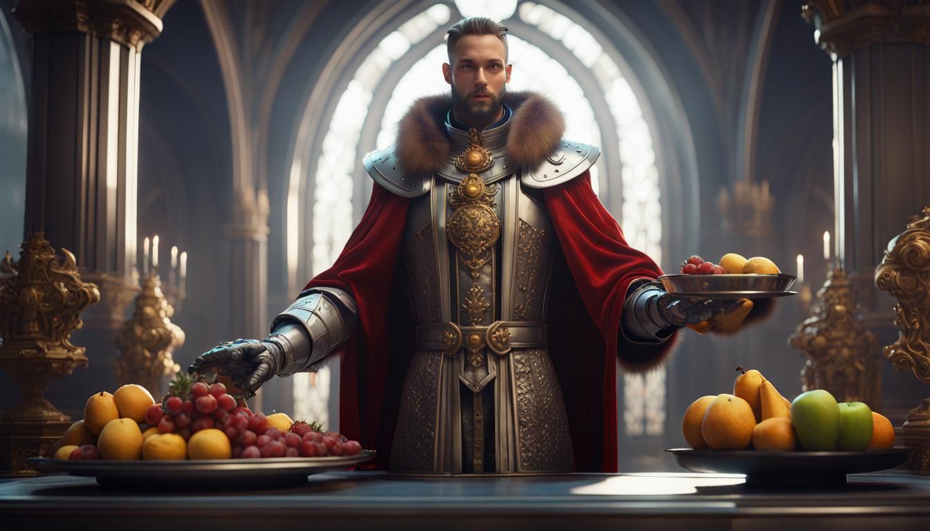 Medieval King and Robotic Butler in 3D Cinematic Style