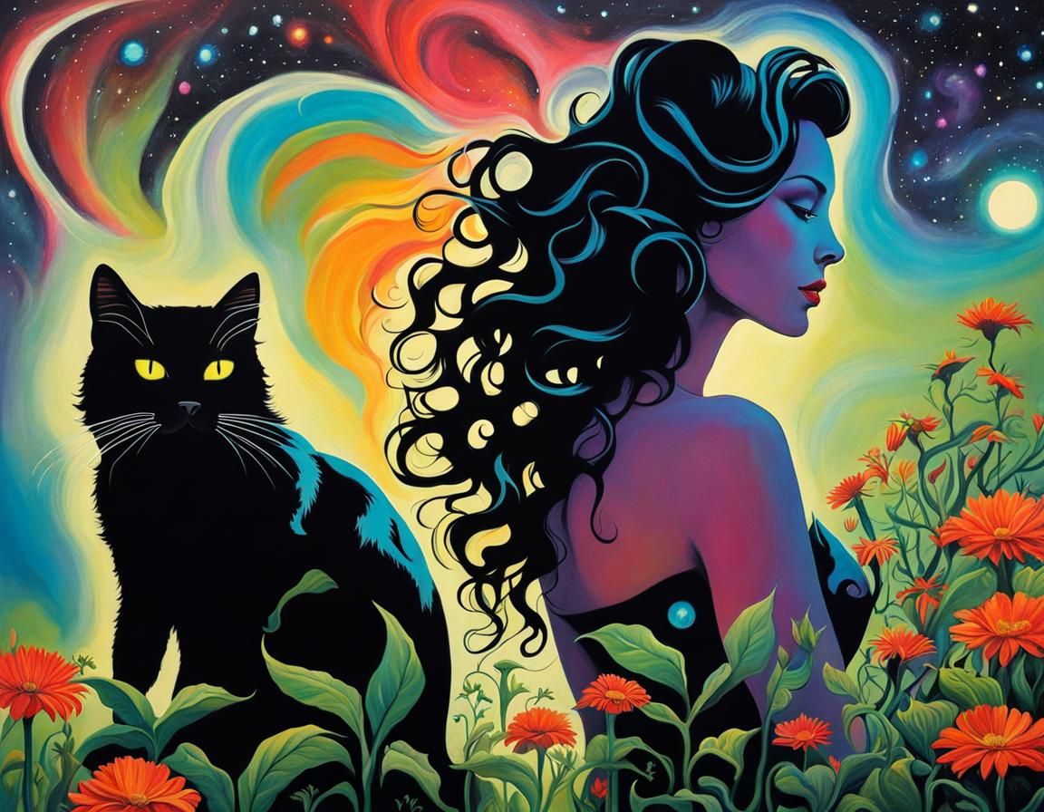 Surreal Cat Woman with Galaxy Hair, Gouache Art