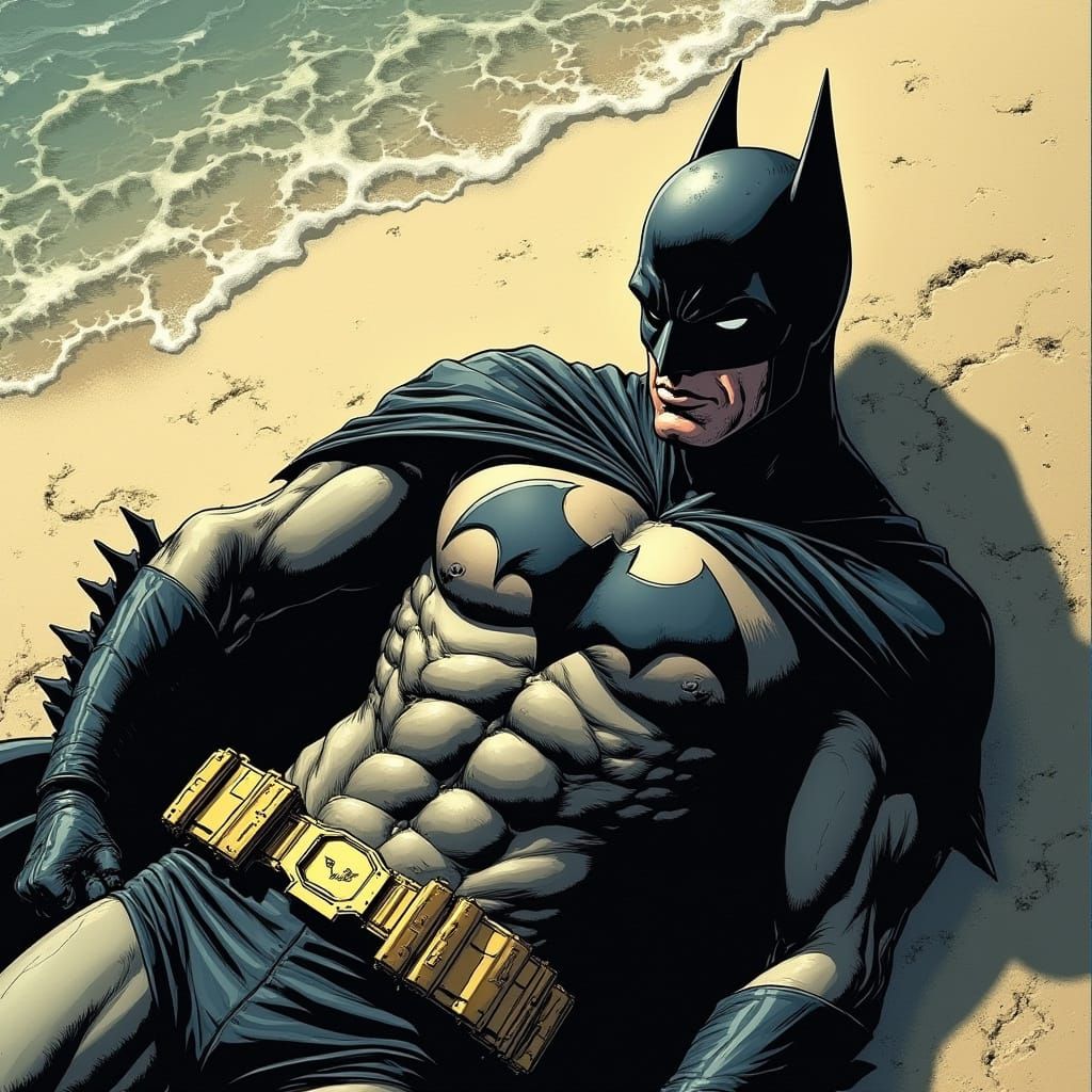 Batman Relaxing on a Sun-Drenched Beach in Comic Style