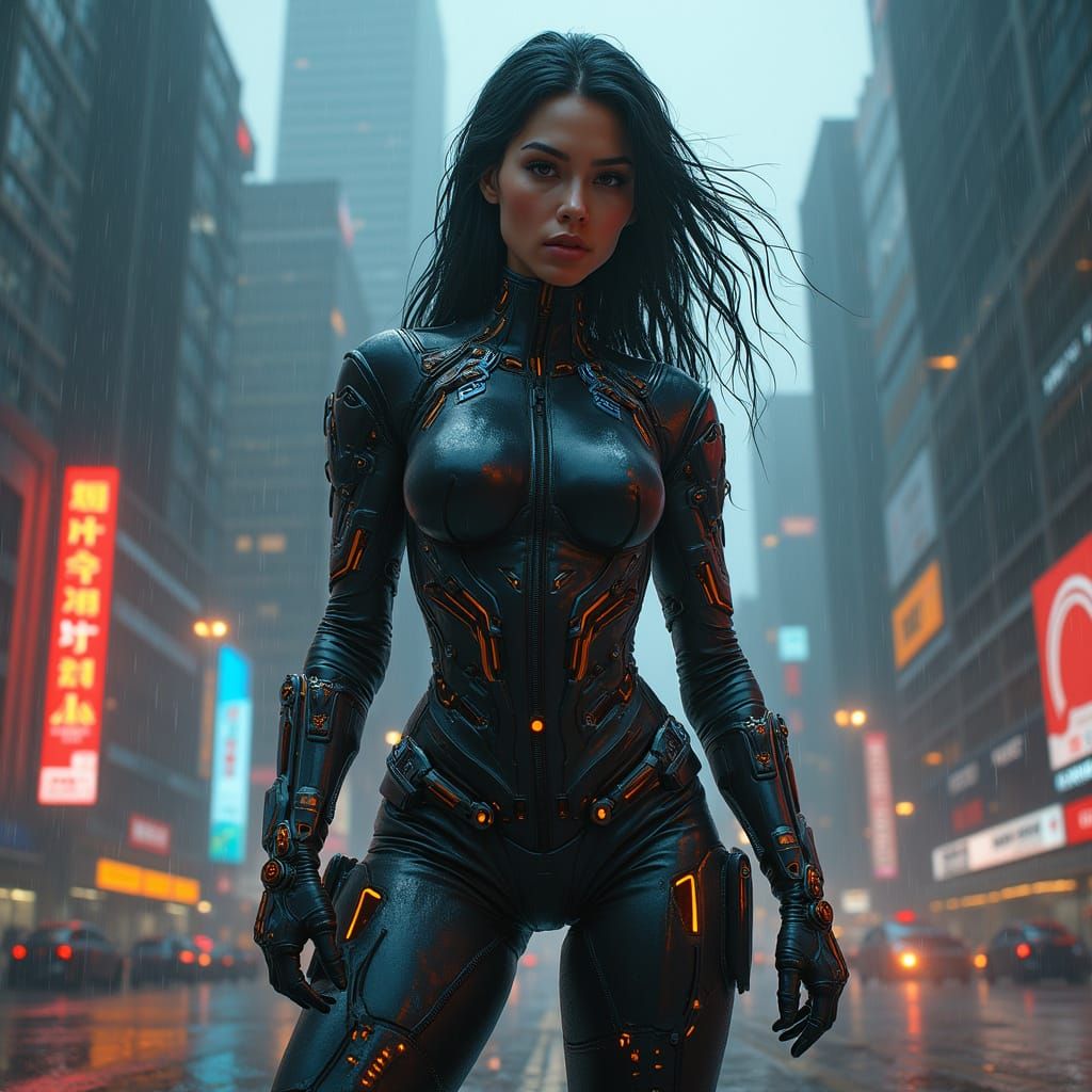 Cyberpunk Woman in Gritty Cityscape