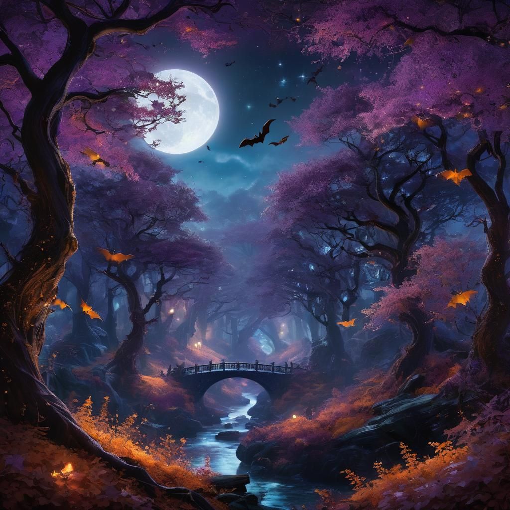 Mystical Moonlit Woods with Bat-Kitties in Rackham Style