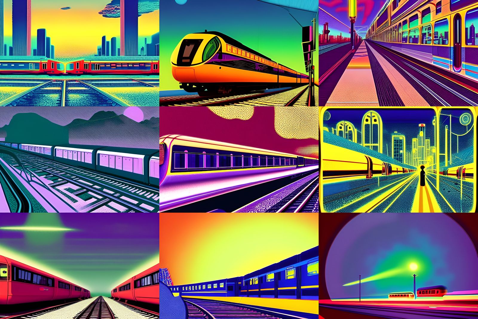 Retrofuturistic Trains in Art Deco Pointillism