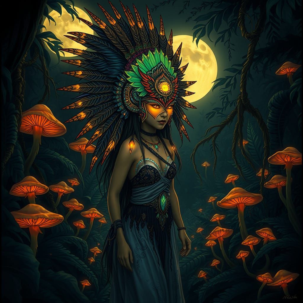 Mysterious Woman in Glowing Mask, Art Nouveau Style