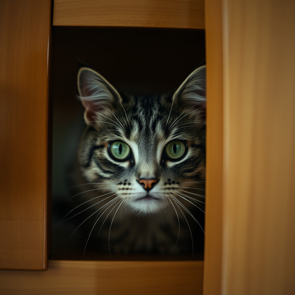 Whimsical Tabby Cat Emerges from Kitchen Cabinet in Cinemati...