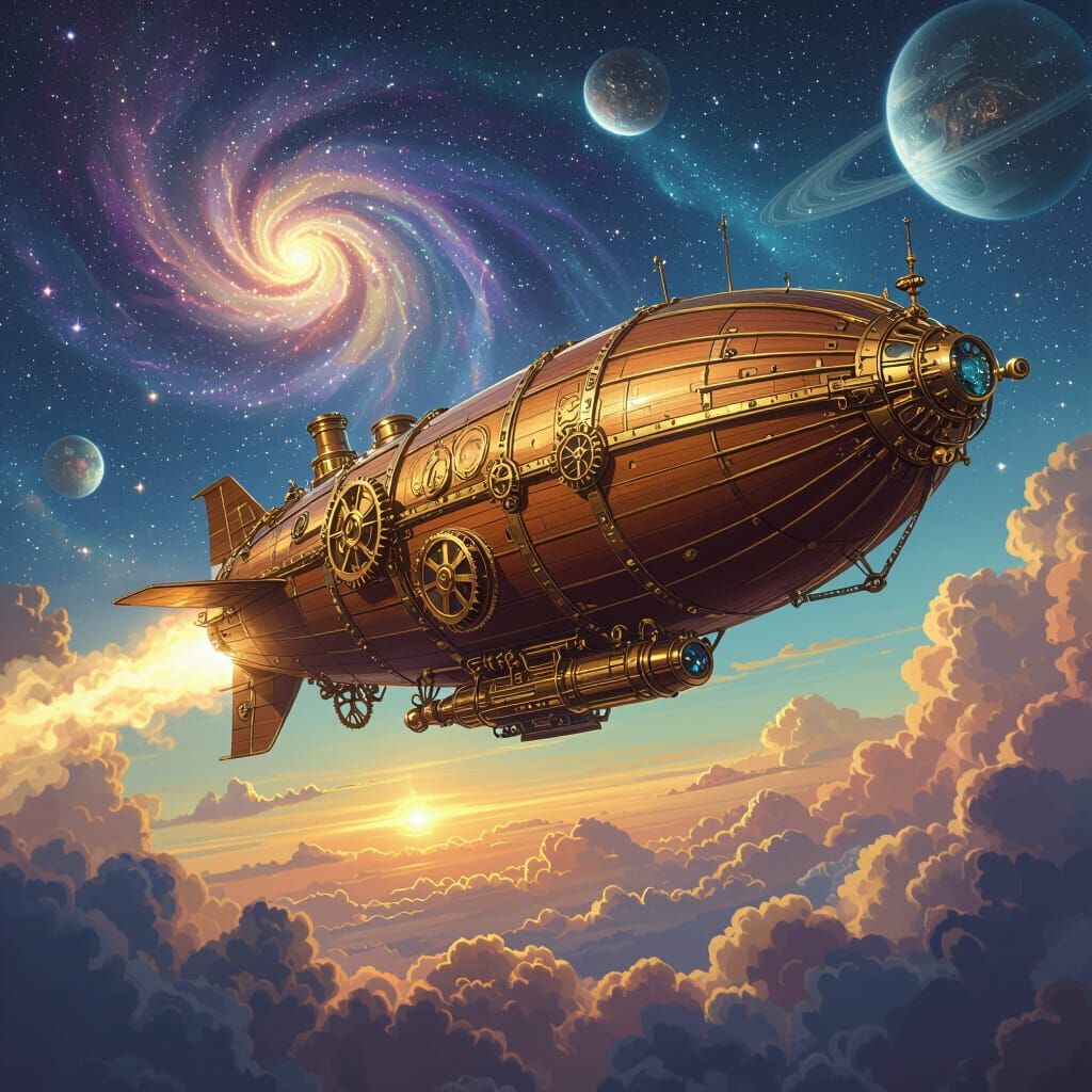 Steampunk Airship Sails Through Starry Nebula Sky