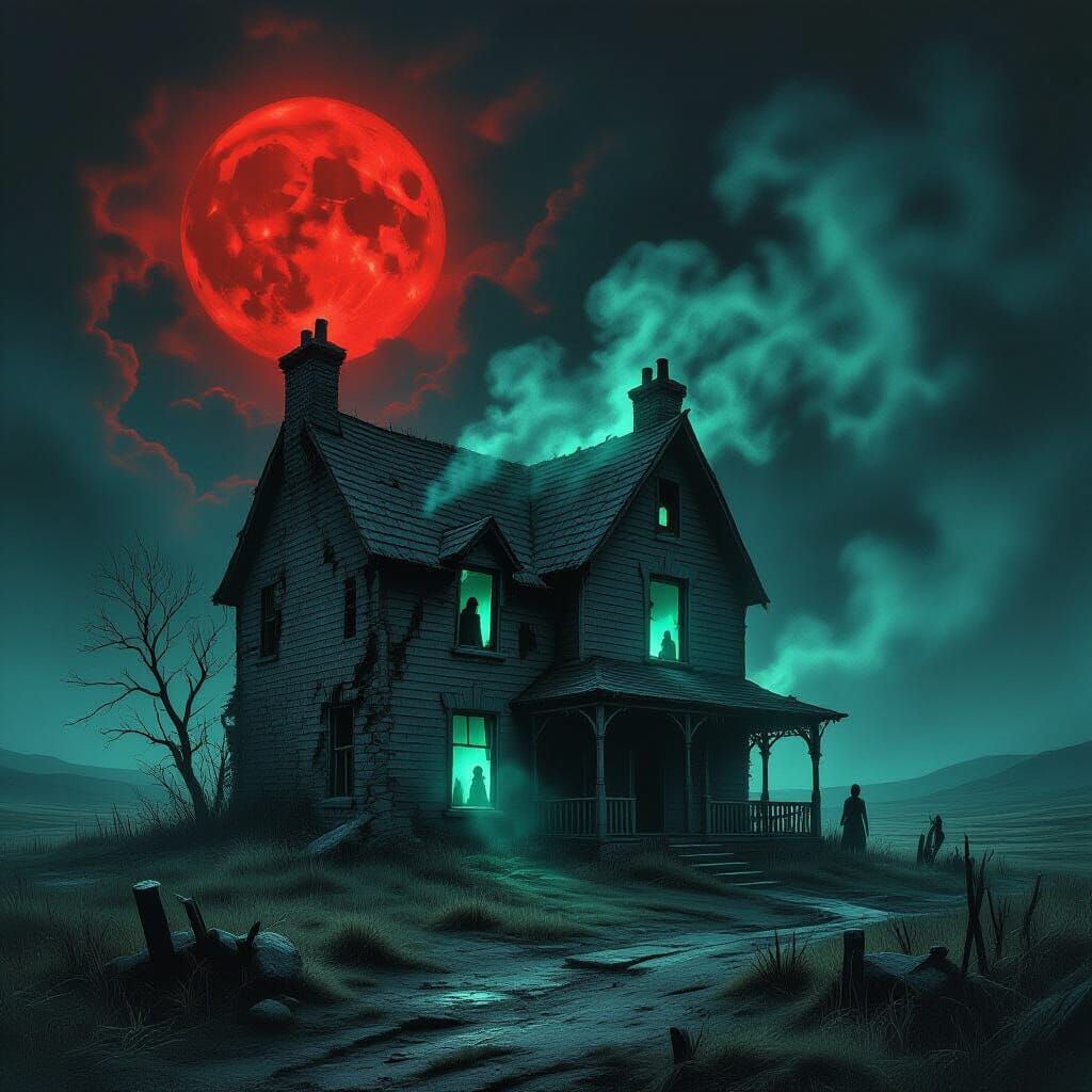 Haunted Tavern on Moor Under Blood Moon